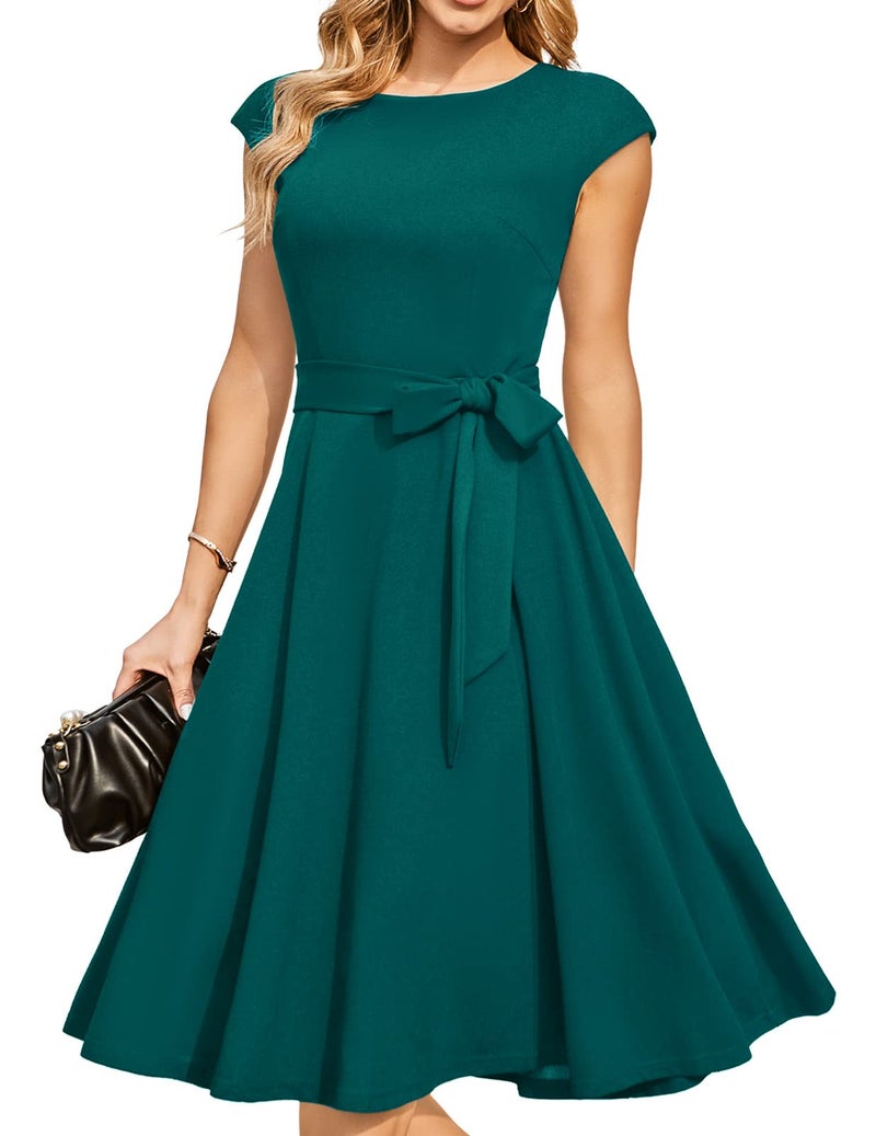 DRESSTELLS Cocktail Dresses for Women, 2023 Vintage Christmas Party Holiday Dress, Modest Fall Winter Wedding Guest Formal 1950s Church Bridesmaid Dress Turquoise S - Image 1